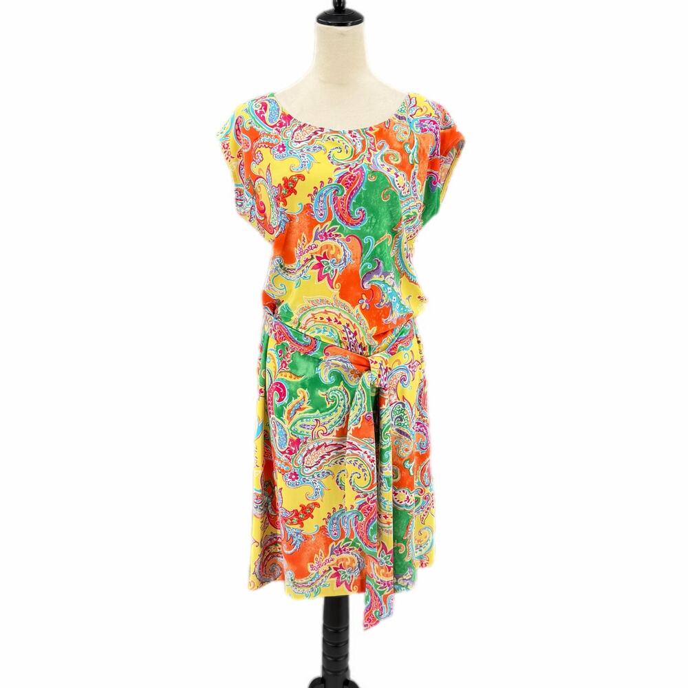 Lauren Ralph Lauren Jersey Multicolor Bright Paisley Short Sleeve Tie Chic Dress